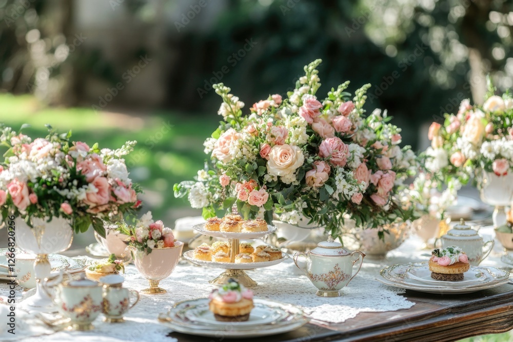 A table set with plates of food and decorated with flowers A table set with plates of food and decorated with flowers