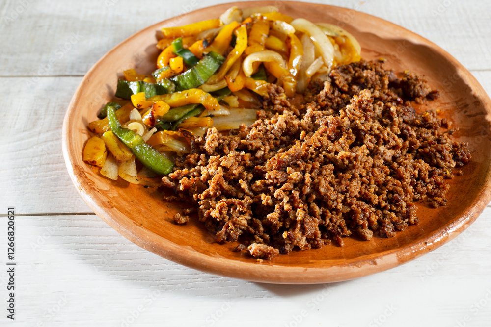 A view of a plate of ground beef fajitas. A view of a plate of ground beef fajitas.