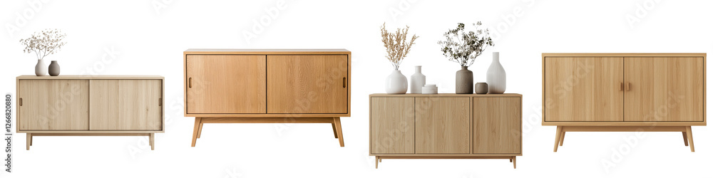Beautiful and stylish arrangement of modern minimalist wooden furniture pieces including sideboard cabinet dresser and console along with decorative elements like vases and plants Beautiful and stylish arrangement of modern minimalist wooden furniture pieces including sideboard cabinet dresser and console along with decorative elements like vases and plants