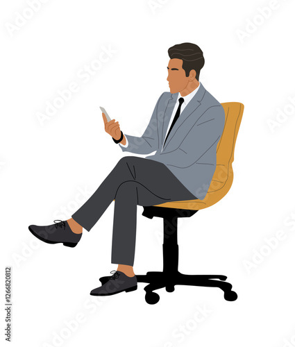 Businessman sitting on office chair, holding smart phone. Handsome business character in suit chatting, talking, texting, using mobile phone. Vector flat illustration isolated, transparent background.