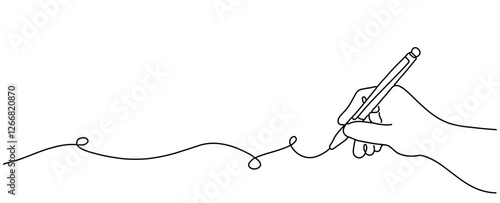 A hand holding a pen, a continuous line writing style. A simple linear letter or diary theme.