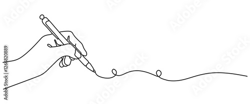 A hand holding a pen and writing in a single line. A simple linear letter or diary idea. Symbols of a school subject with editable strokes.