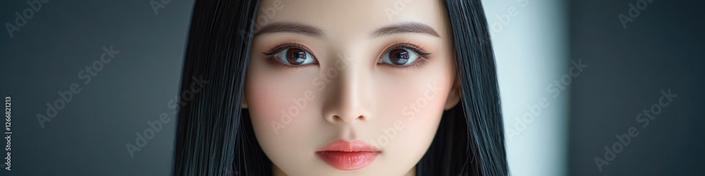 Obraz premium Close-up portrait of a woman with long black hair, looking straight ahead