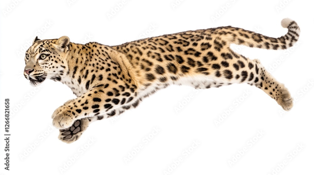 A snow leopard in flight, its body arched as it leaps through the air A snow leopard in flight, its body arched as it leaps through the air