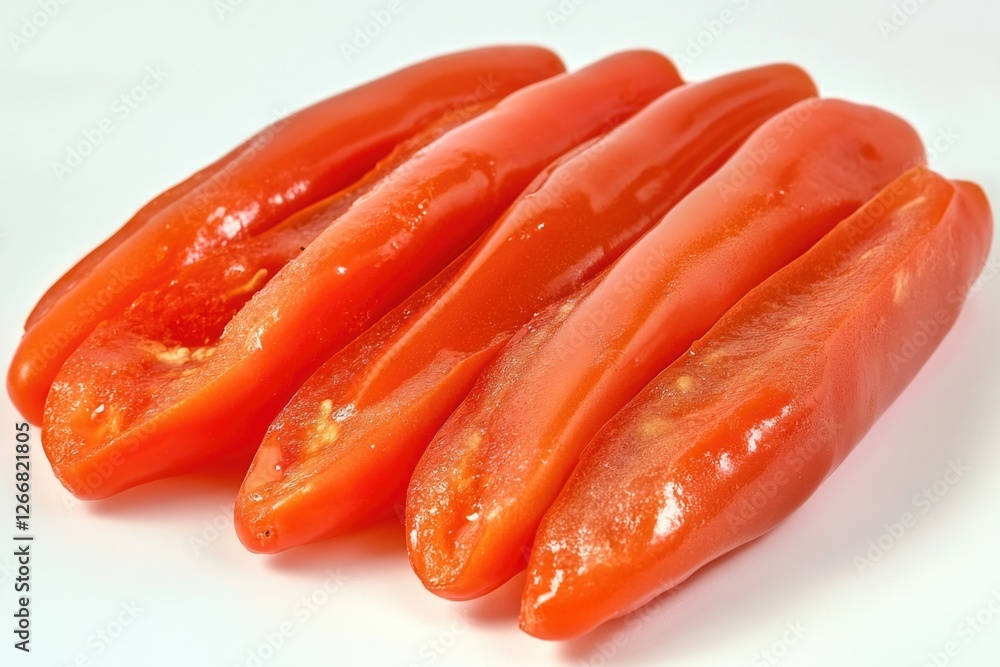 Fresh sliced tomatoes arranged on a clean white surface Fresh sliced tomatoes arranged on a clean white surface
