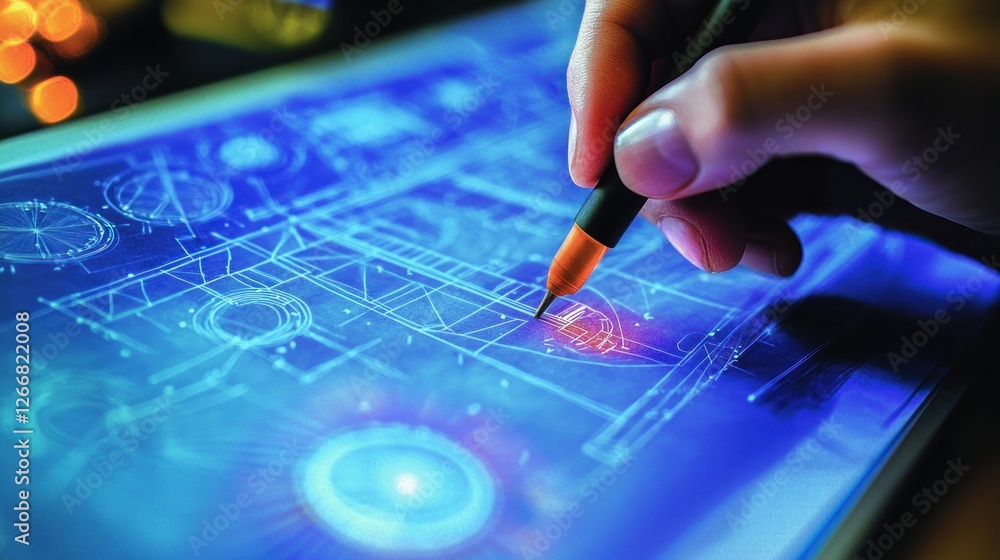 Hand drawing architectural plans on digital tablet at night Hand drawing architectural plans on digital tablet at night