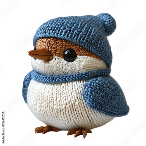 Adorable knitted drongo bird character wearing cozy blue hat and scarf on a Transparent background suitable for crafts projects photo