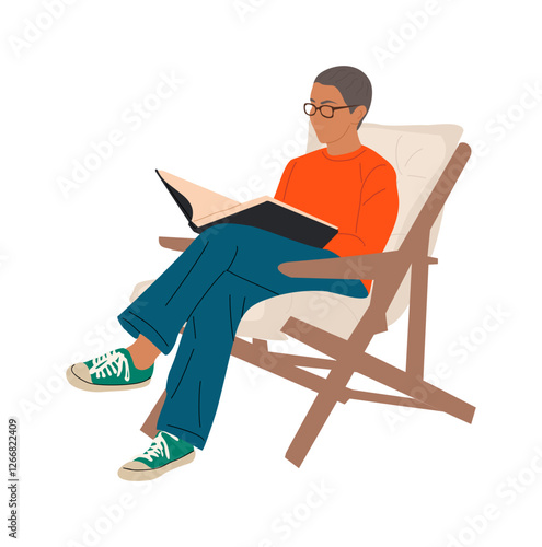 Senior woman sitting in armchair reading book. Mature modern woman in casual clothes and glasses resting at home. Vector colorful flat illustration isolated on transparent background.