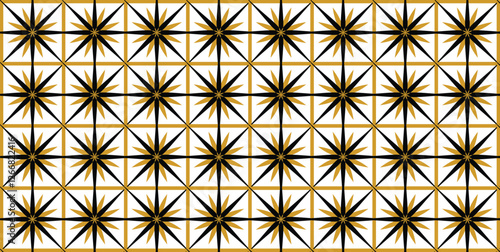 Seamless geometric pattern of star or asterisk shapes, arranged in a diamond pattern. Black and gold are used to create a striking and visually appealing design