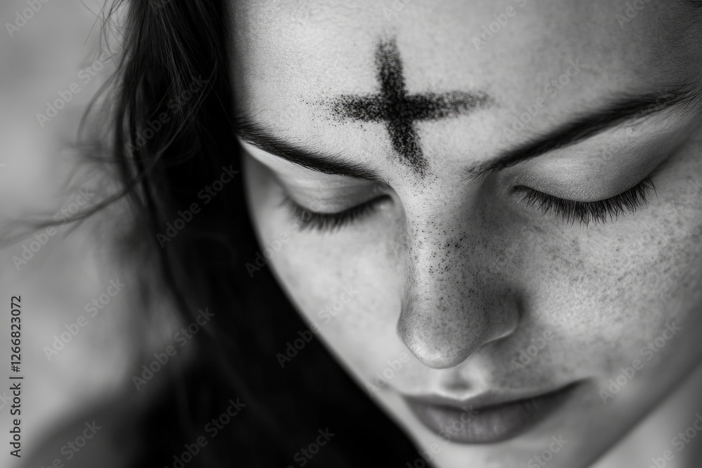 Fototapeta premium A woman wearing a cross on her forehead in a simple and straightforward pose