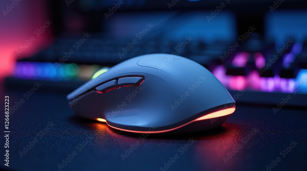 Gaming mouse with colorful lights rests on a desk near a keyboard Gaming mouse with colorful lights rests on a desk near a keyboard