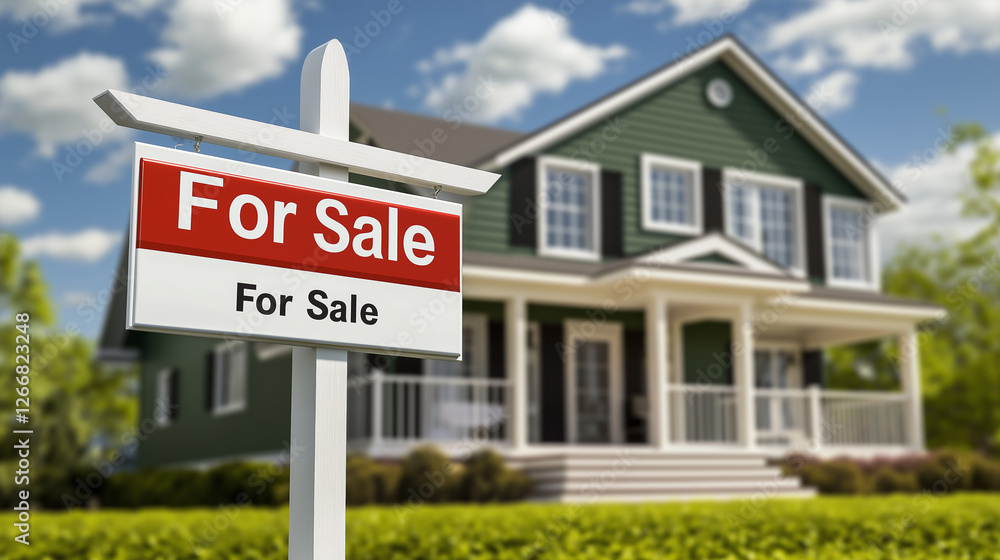 For sale sign in front of a modern beautiful house For sale sign in front of a modern beautiful house