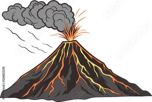  Photograph of a volcanic eruption, bright orange and yellow flames and lava spewing from the top of a large, jagged mountain of black rock. The mountain is surrounded by a thick layer of smoke and 