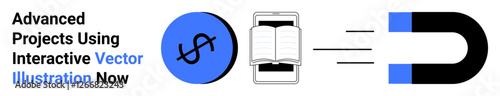 Magnet pulling dollar sign and book, symbolizing finance, education, connection, resources, success, attraction, and knowledge. Ideal for learning apps marketing education finance teamwork