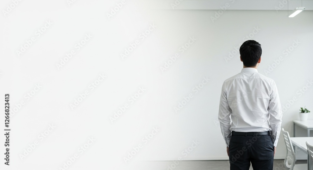 Businessman Contemplating in Minimalist Office Setting with White Background Businessman Contemplating in Minimalist Office Setting with White Background