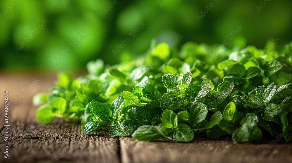 A collection of fresh green leaves arranged on a wooden table, suitable for still life photography or as a decorative element in home decor A collection of fresh green leaves arranged on a wooden table, suitable for still life photography or as a decorative element in home decor