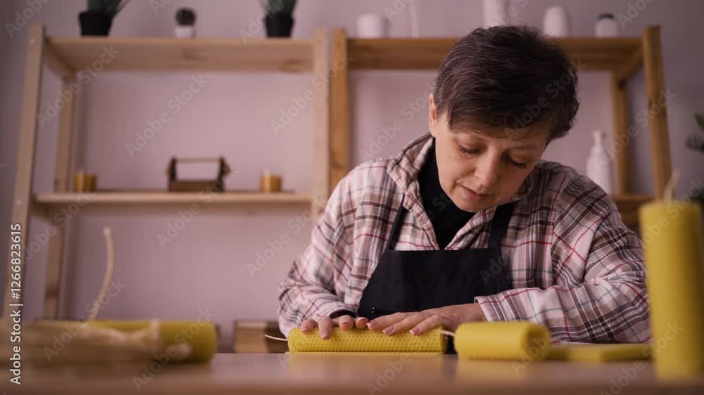 craftswoman making natural handmade candle on table in workshop craftswoman making natural handmade candle on table in workshop