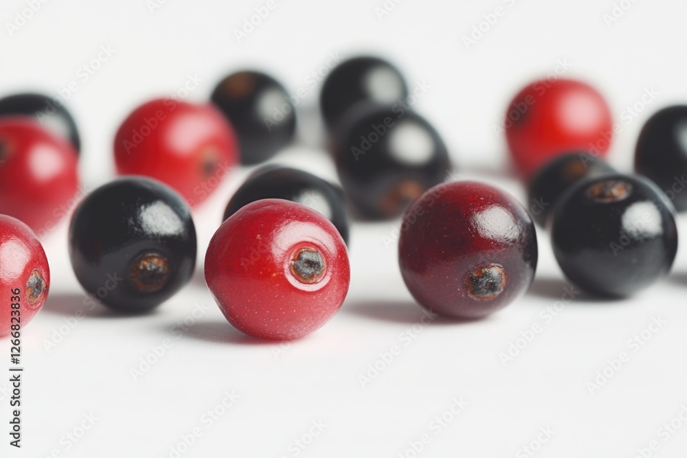 A cluster of juicy red and black berries arranged on a clean white surface, perfect for food styling or still life photography