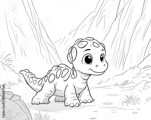 Cute baby dinosaur, prehistoric landscape, coloring page, children's book illustration