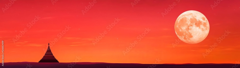 Obraz premium Stunning sunset with a full moon and dramatic colors over a serene landscape.