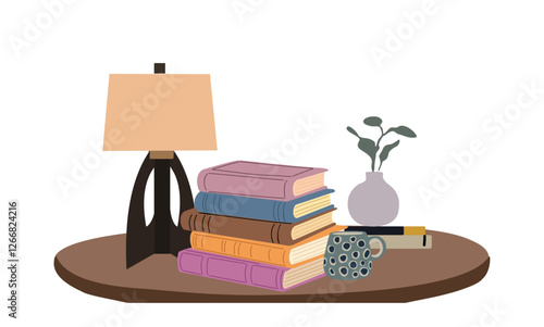 Composition with stack of books, table lamp, mug with coffee or tea, vase with green plant. Leisure, hobby, exam preparation with educational or literature textbooks. Vector flat illustration isolated