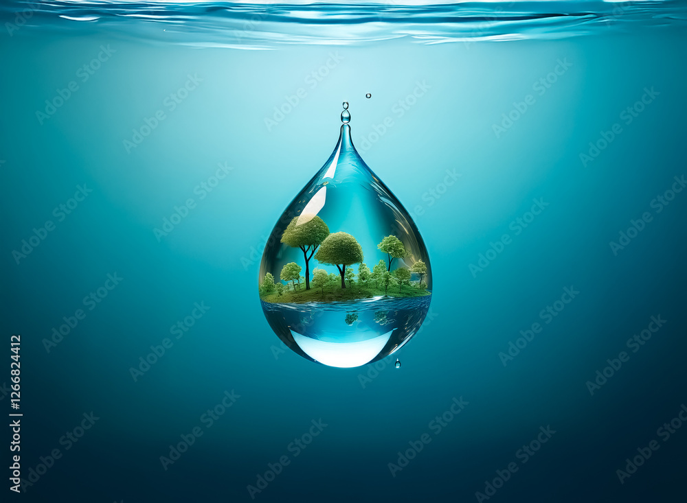 Fototapeta premium A serene water drop encapsulates a miniature landscape with trees against a blurred blue background, symbolizing nature's reflection and purity.