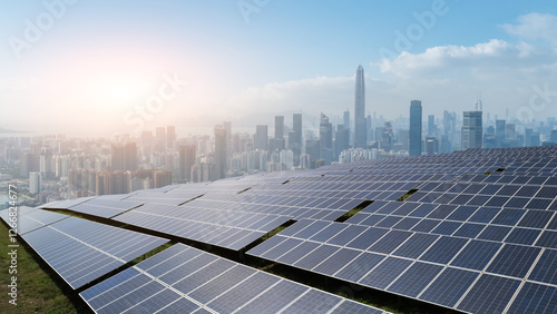 Photography Stunning Cityscape with Solar Panels Harnessing Renewable Energy