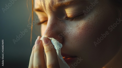 Young girl with freckles blowing her nose with tissue