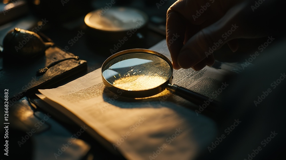 A Hand Using A Magnifying Glass On An Old Book A Hand Using A Magnifying Glass On An Old Book