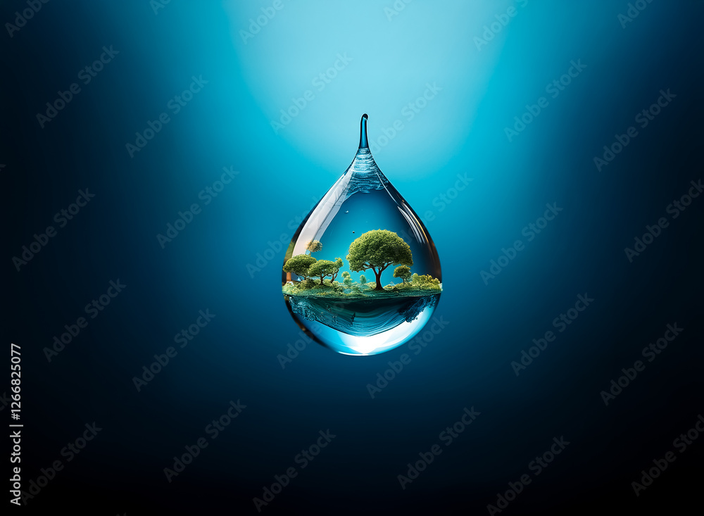 Obraz premium A clear water drop encapsulates a vibrant miniature landscape, featuring lush green grass and trees against a gradient teal backdrop, symbolizing environmental purity and fragility.