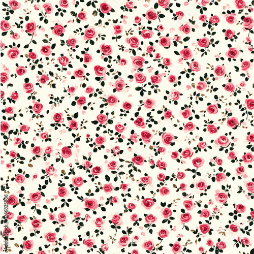 densely packed repeating pattern of small pink and red roses and a few small light olive green leaves on a plain white background,