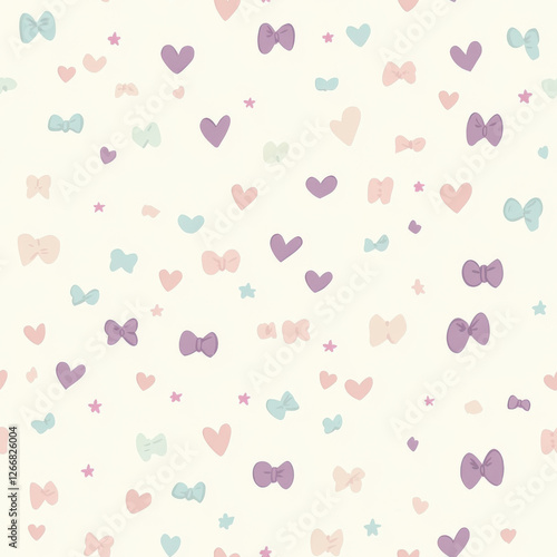 A seamless, minimalistic pattern with tiny pastel hearts, bows, and stars on a light cream background. Soft colors like baby pink, sky blue, and pale lavender create a dreamy and innocent look.