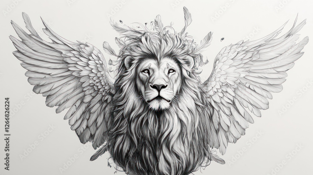 Obraz premium Winged lion fantasy art. Majestic animal with wings, feathers. Graphic design, print, art for creative projects