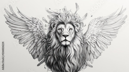 Winged lion fantasy art. Majestic animal with wings, feathers. Graphic design, print, art for creative projects photo