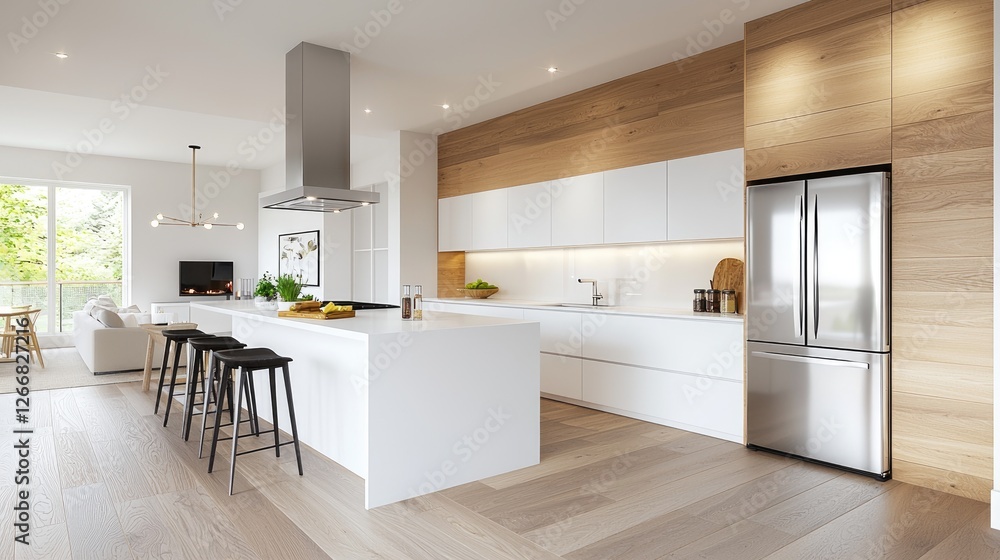 Fototapeta premium Modern kitchen design, open-plan living, natural light, island, hardwood floors, home interior