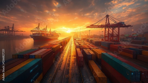 Fototapeta Naklejka Na Ścianę i Meble -  Cargo ship docked in port at sunset with containers, ready for international trade