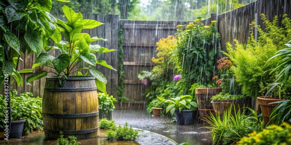 Serene Garden Oasis Refreshed by a Summer Shower Lush Greenery Thrives Under Gentle Rainfall in a Tranquil Outdoor Setting Serene Garden Oasis Refreshed by a Summer Shower Lush Greenery Thrives Under Gentle Rainfall in a Tranquil Outdoor Setting