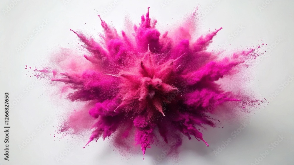 Obraz premium A vibrant explosion of fuchsia powder against a stark white backdrop, showcasing the dynamic energy and intricate details of a colorful burst