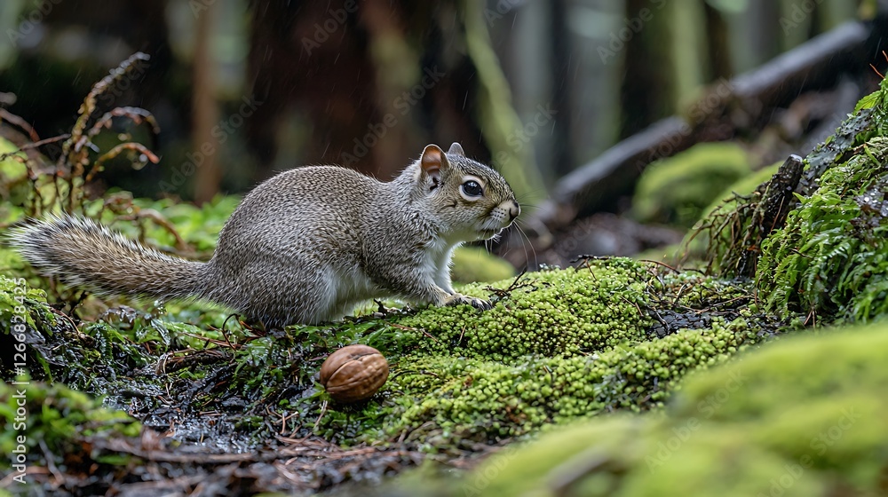 Rainy Forest Squirrel Foraging Mossy Ground
