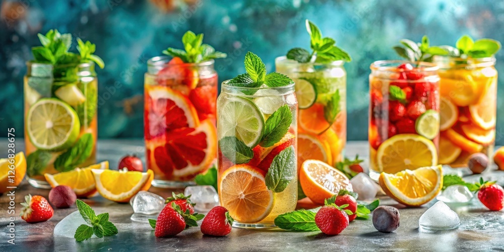 Refreshing Fruit-Infused Water with Mint and Ice in Glass Jars Refreshing Fruit-Infused Water with Mint and Ice in Glass Jars