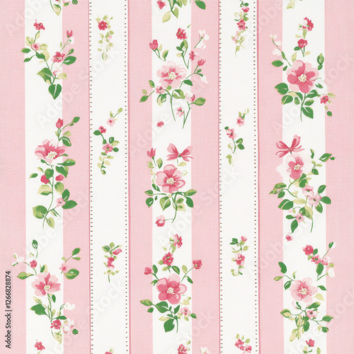 A pattern of small roses and bows in pink and green on a white, printed fabric with long strips of fabric. The background is pink, with a white border around the edge of each strip of material. 