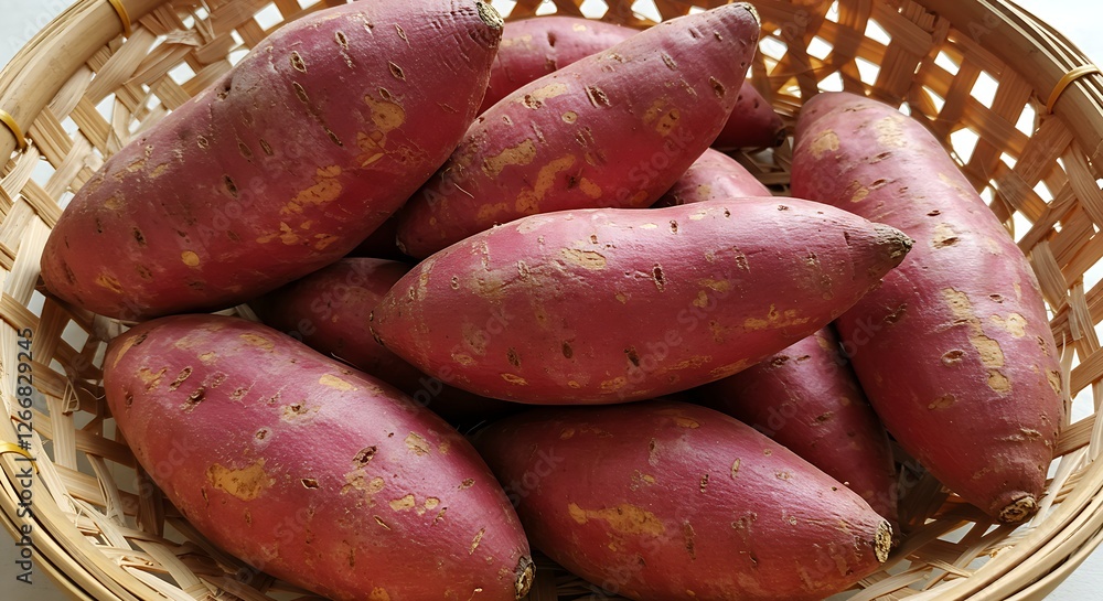 A group of reddish-brown sweet potatoes with slightly rough skin, lying in a basket. A group of reddish-brown sweet potatoes with slightly rough skin, lying in a basket.