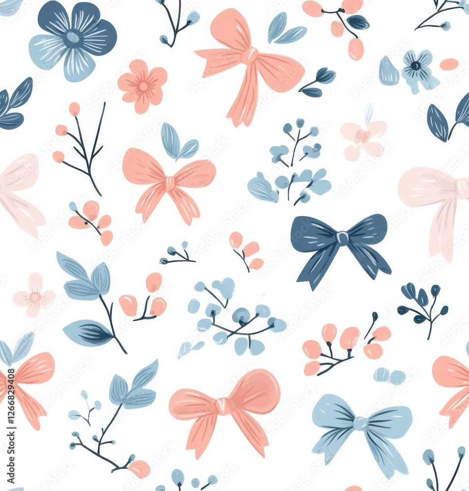 Design an adorable seamless pattern featuring cute bows, pastel flowers, and leaves in coral pink and blue tones on a white background. Design an adorable seamless pattern featuring cute bows, pastel flowers, and leaves in coral pink and blue tones on a white background.