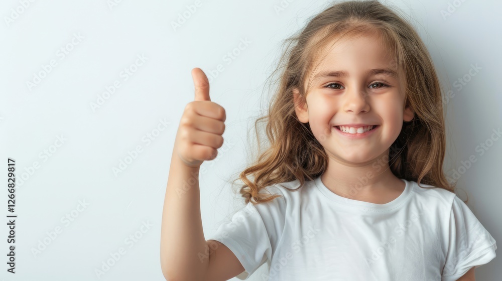 Cheerful young girl with long hair giving a thumbs up against a plain background, radiating positivity and joy Cheerful young girl with long hair giving a thumbs up against a plain background, radiating positivity and joy