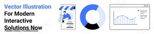 Mobile storefront with person updating catalog, circular chart, and analytics dashboard with graph. Ideal for business analysis, marketing, e-commerce, data insights, digital strategy, optimization