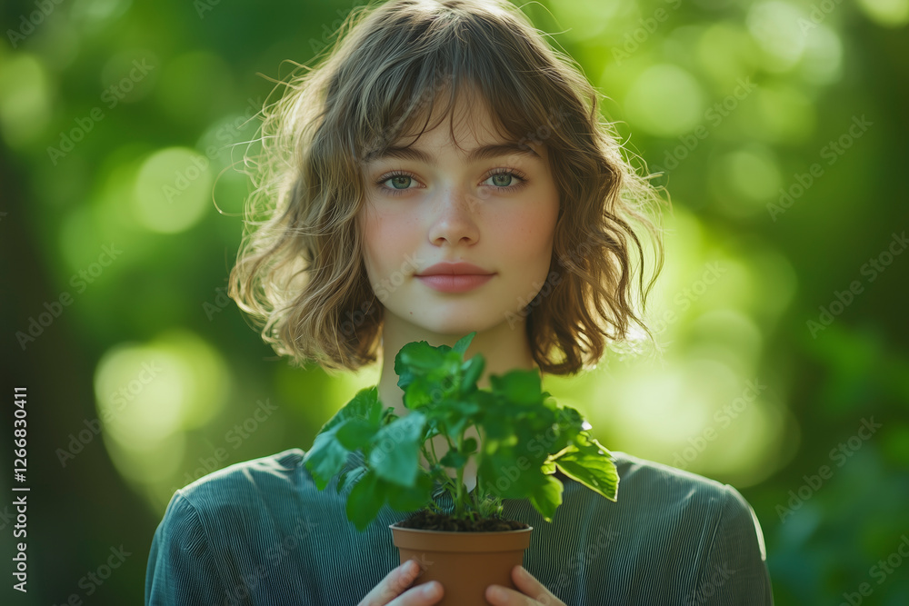 Young Environmental Activist with Green Plant Young Environmental Activist with Green Plant