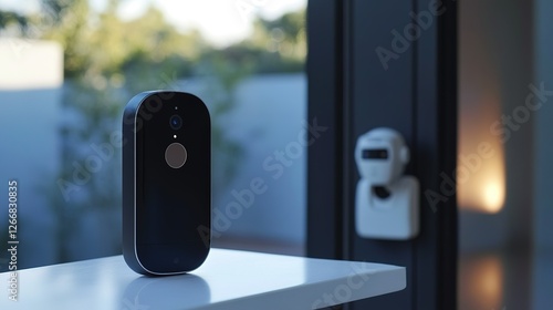 Modern Smart Doorbell Device on White Surface photo