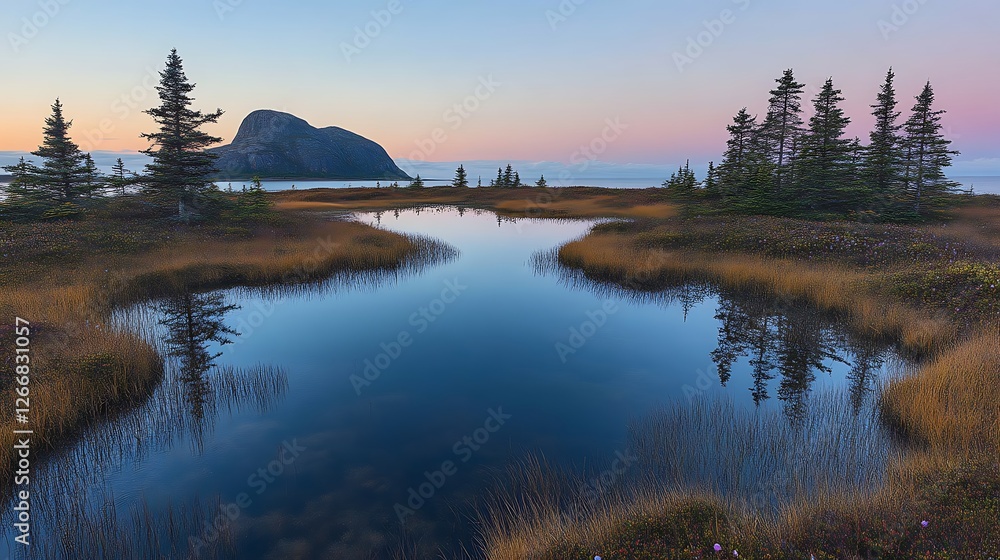 Fototapeta premium Serene Coastal Marsh Sunset Landscape With Mountain View