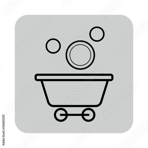 Icon of mining cart filled with circular coins. Mining and pursuit of financial gain, wealth generation concept