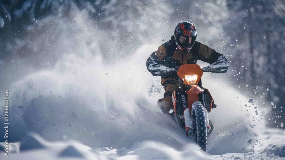 A motorcyclist skillfully navigates through deep snow in a winter landscape, showcasing adrenaline and adventure A motorcyclist skillfully navigates through deep snow in a winter landscape, showcasing adrenaline and adventure